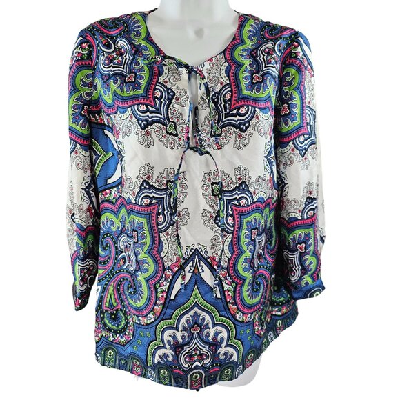 Talbots 100% Silk Vibrant Paisley Top Size 4 Shirt Green Pink Blue - Picture 1 of 6